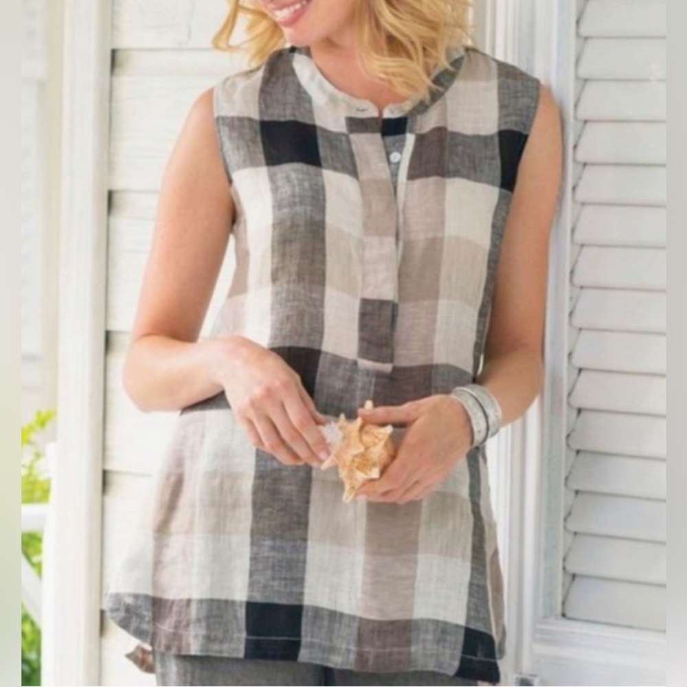 Soft Surroundings Plaid Linen Sleeveless Tank Top Medium Black Tan